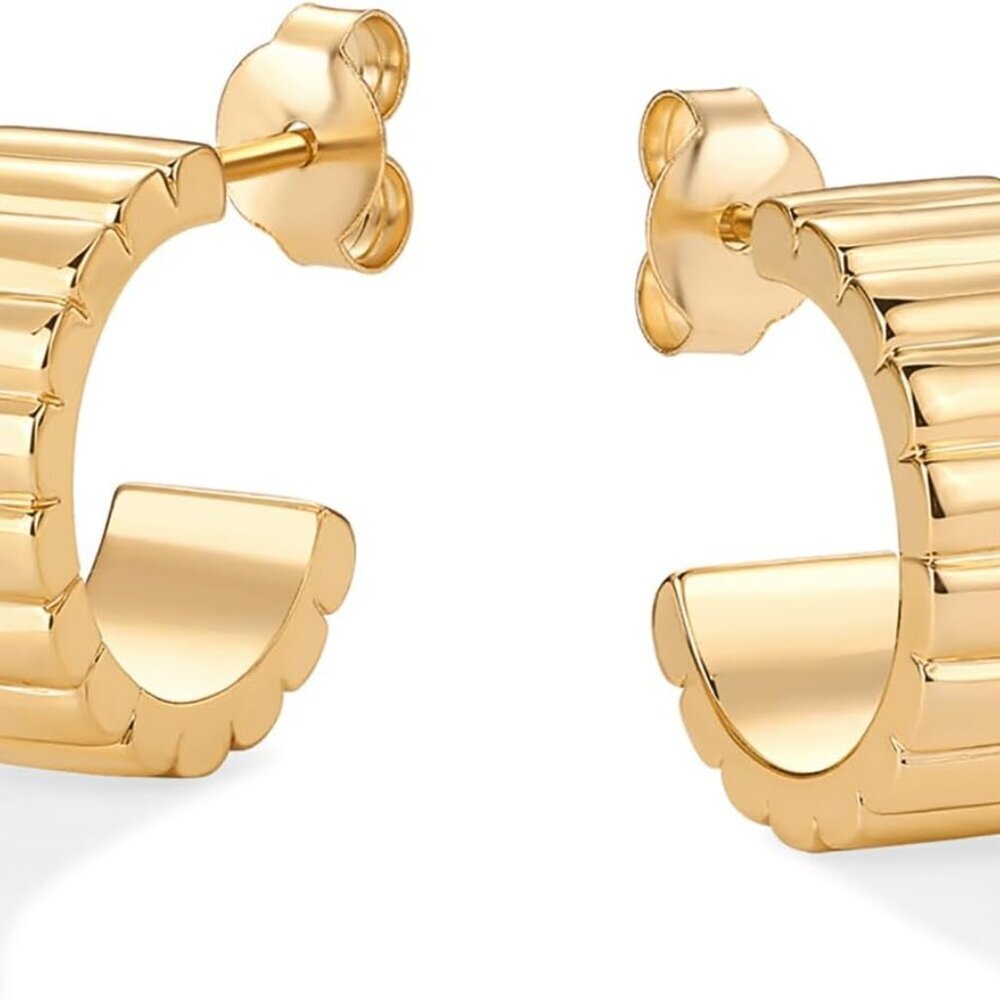14K Gold Plated Bold Statement Hoop Earrings for Women - Trendy Boho Ribbed Croi - Picture 3 of 5